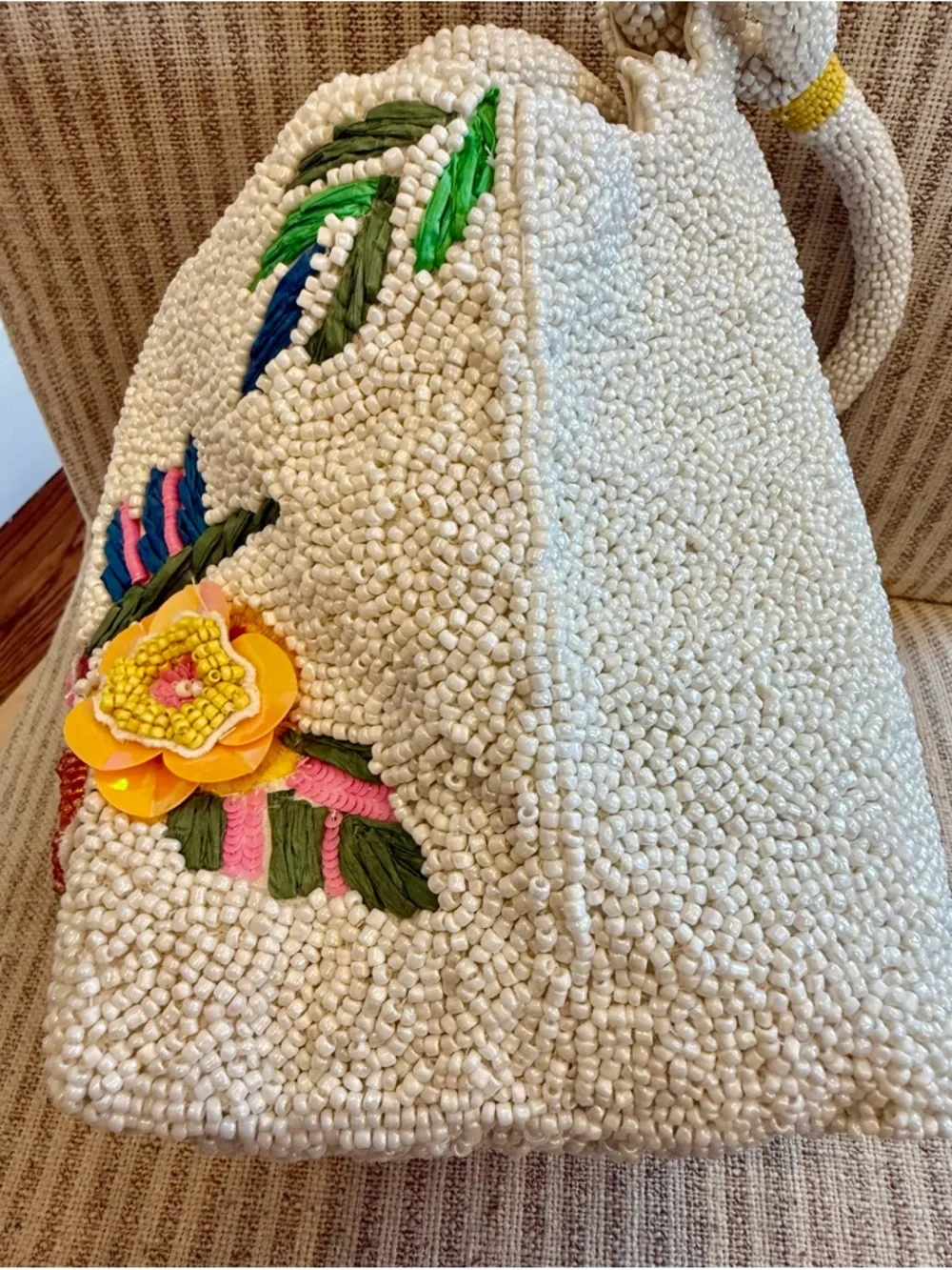 Made in India White Beaded Tote w/ Colorful Embroidered Parrot & Floral Accents - Picture 6 of 7